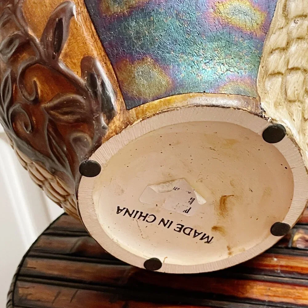 Pier 1 Vase Tan Turquoise Blue Multi Color Texture Pattern Ceramic Metal Unique!